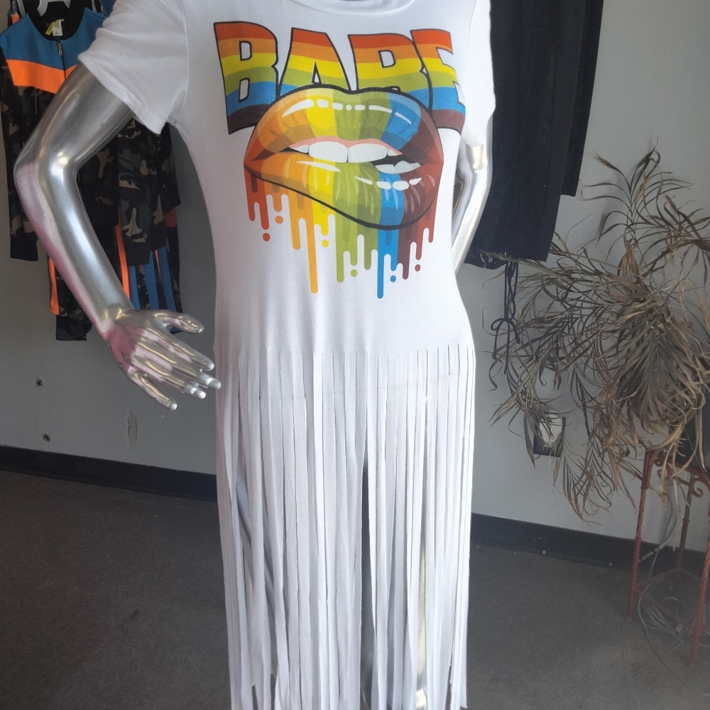 Bare rainbow Lips fringe dress